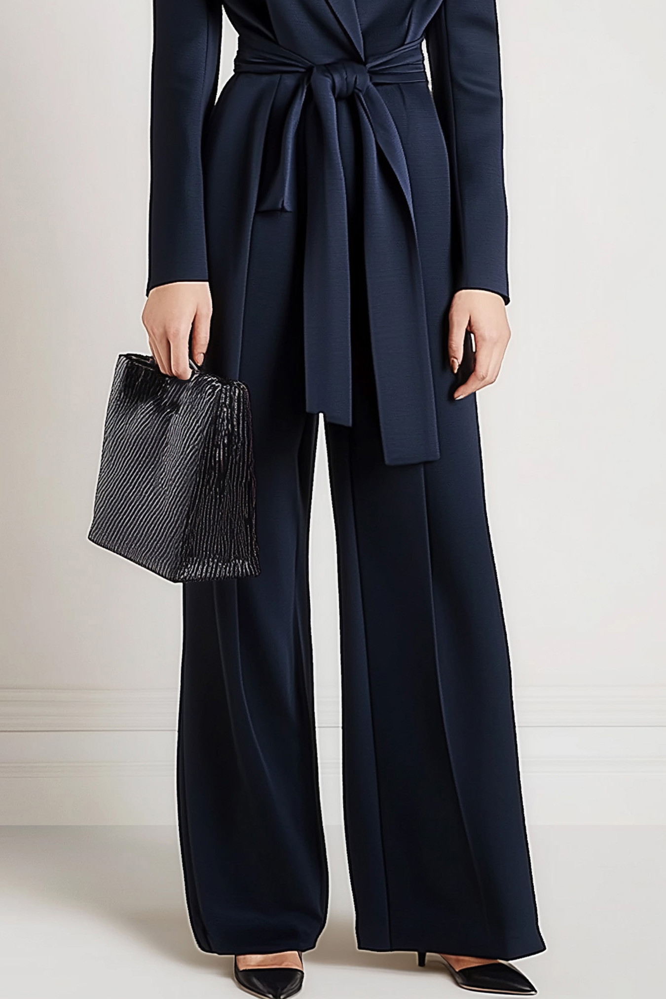 Work Semi-Formal Jumpsuit Navy Blue Collar Long Sleeve Straight Pants