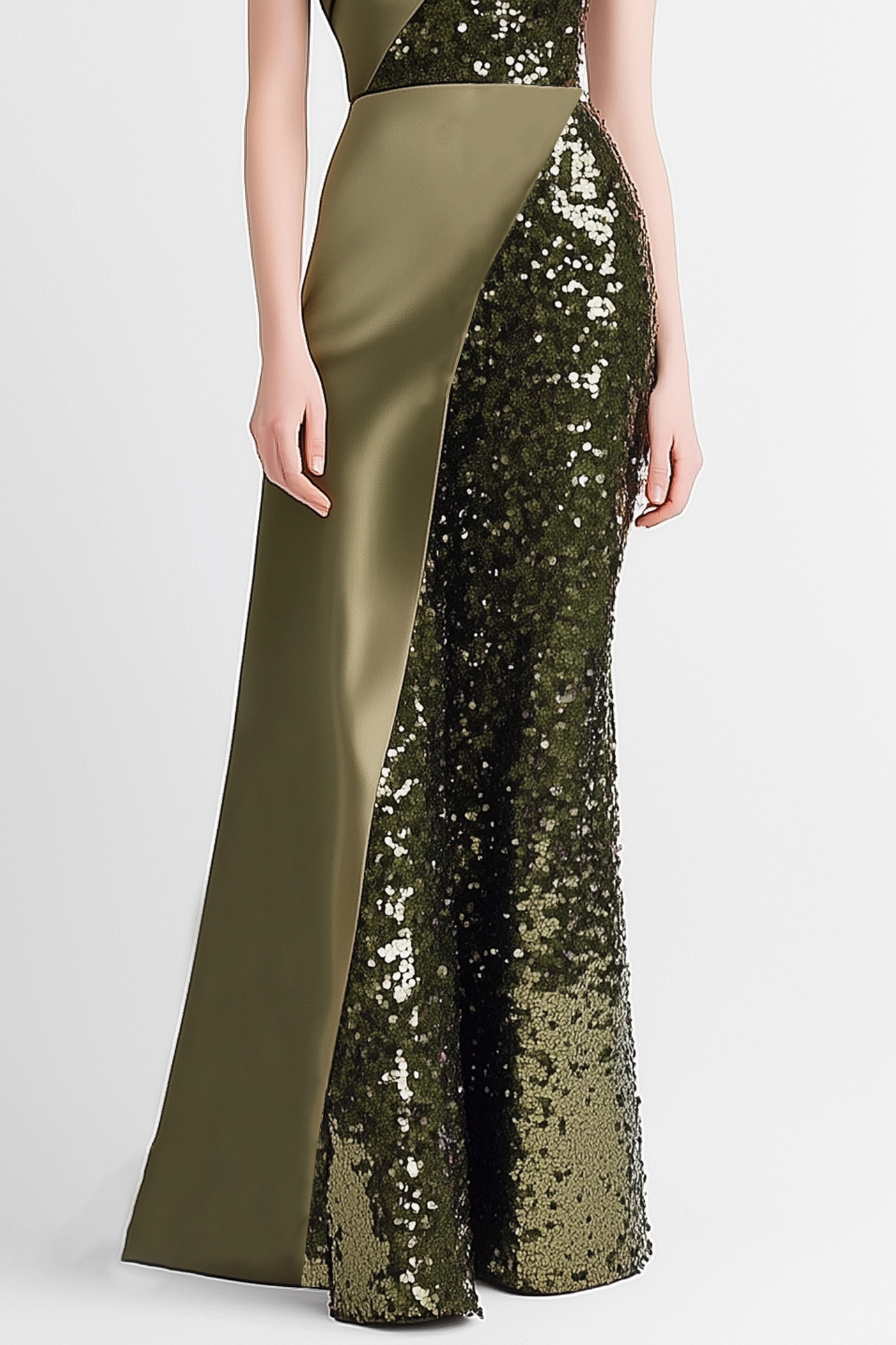 Evening Dress Green Satin Sequin One-Shoulder Maxi Gown