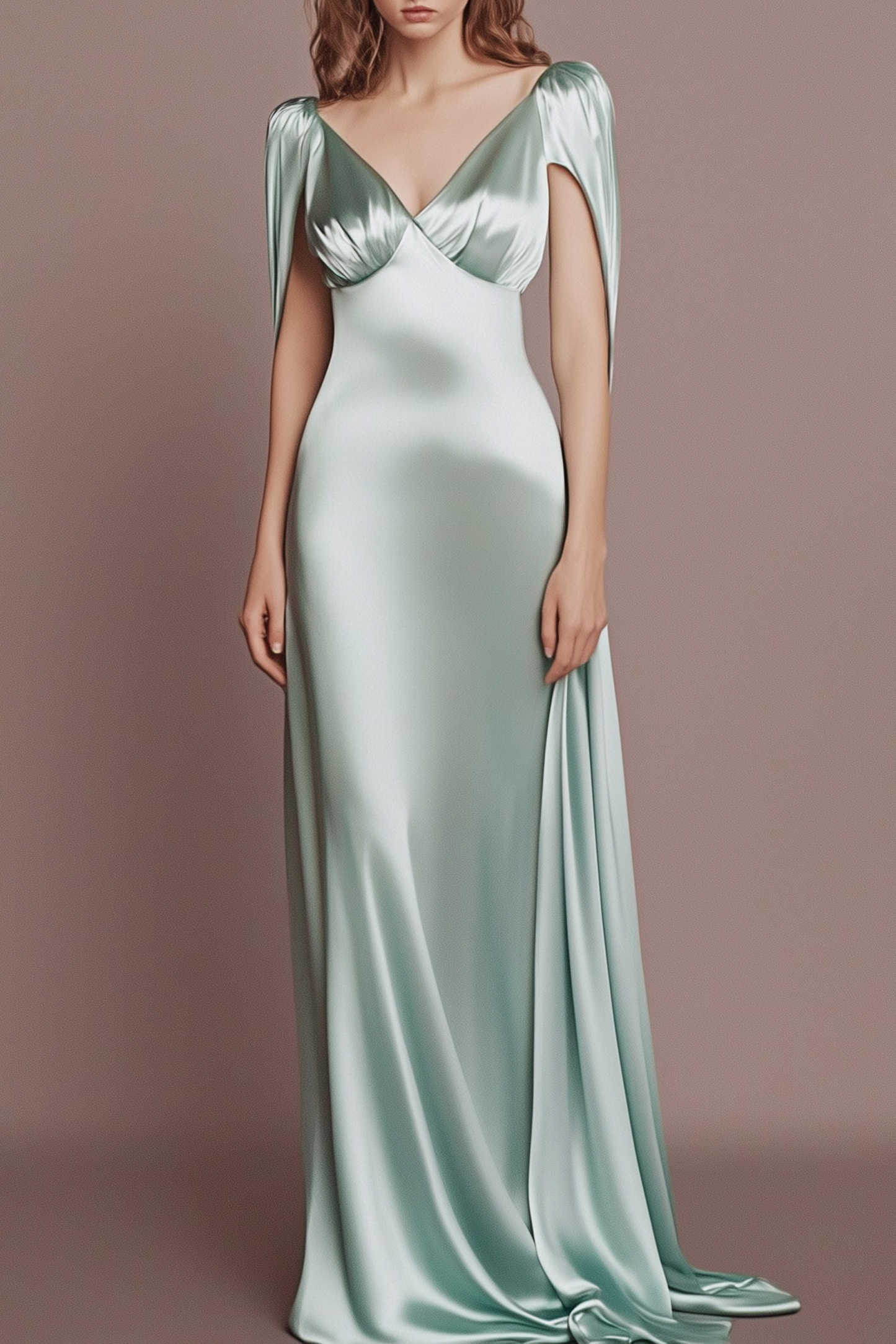Formal Satin Dress Sage Green V-neck Cape Sleeve Maxi Gown