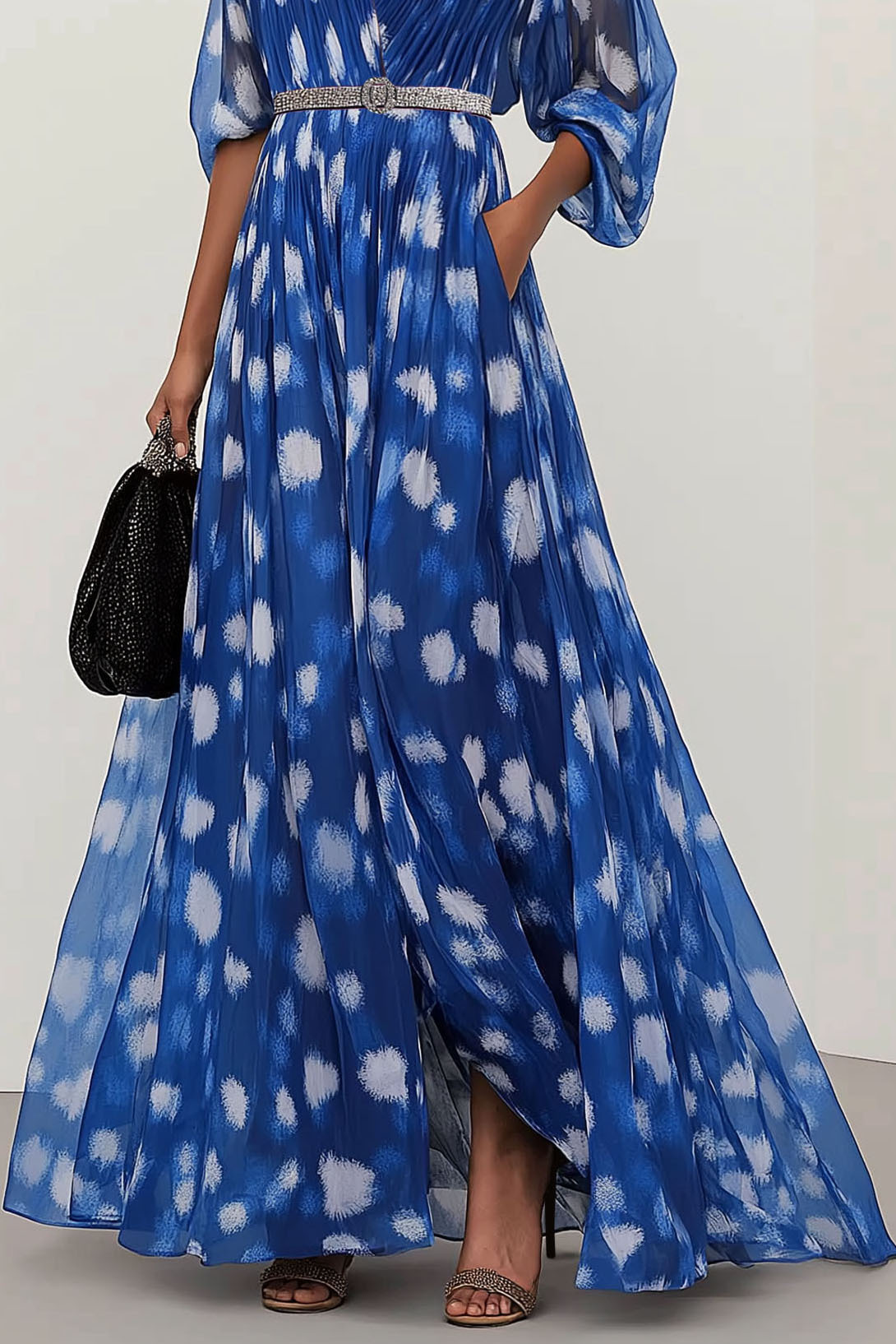 Party Casual Dress Blue V-neck White Floral Rhinestone Belt Pockets Maxi Dress