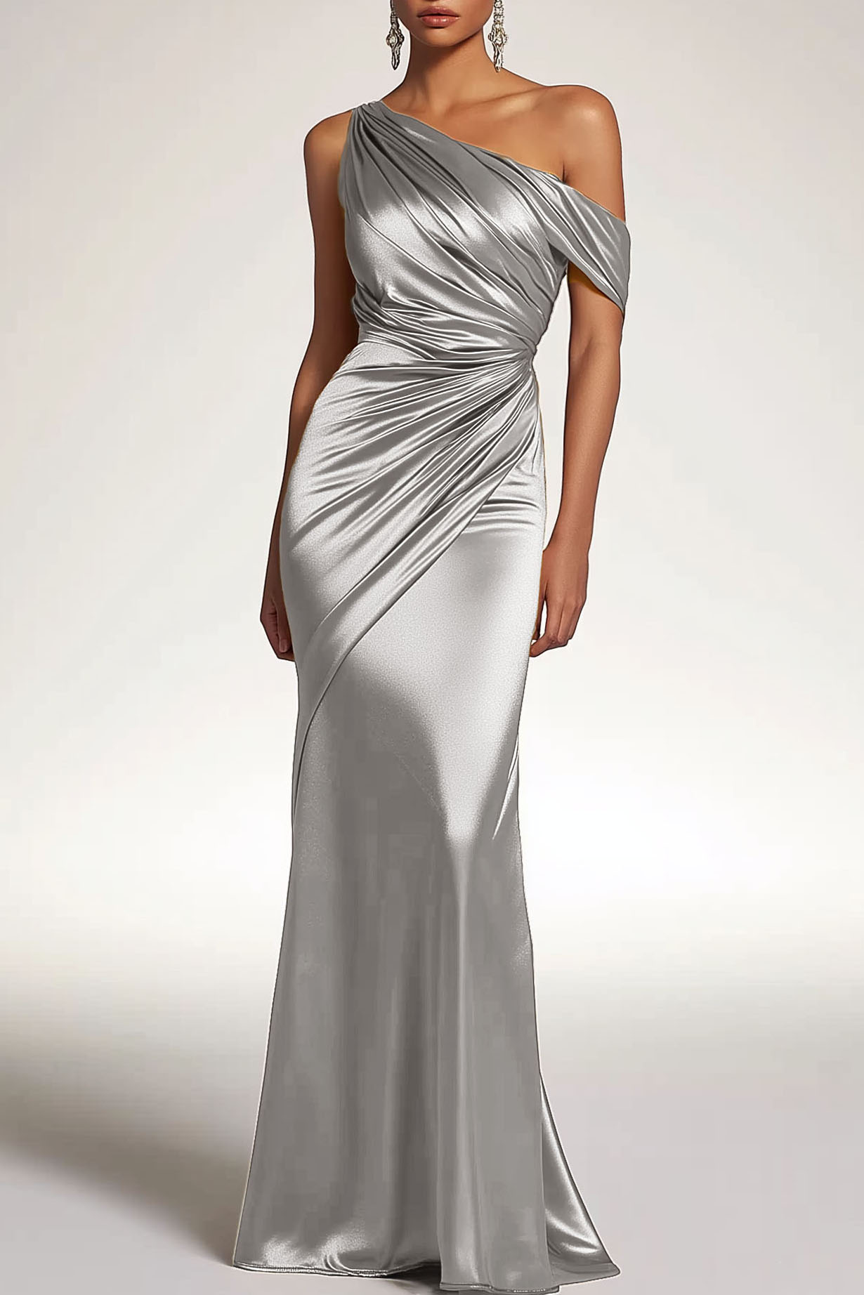Formal Party Satin Dress Silver One-Shoulder Pleated Metallic Maxi Gown