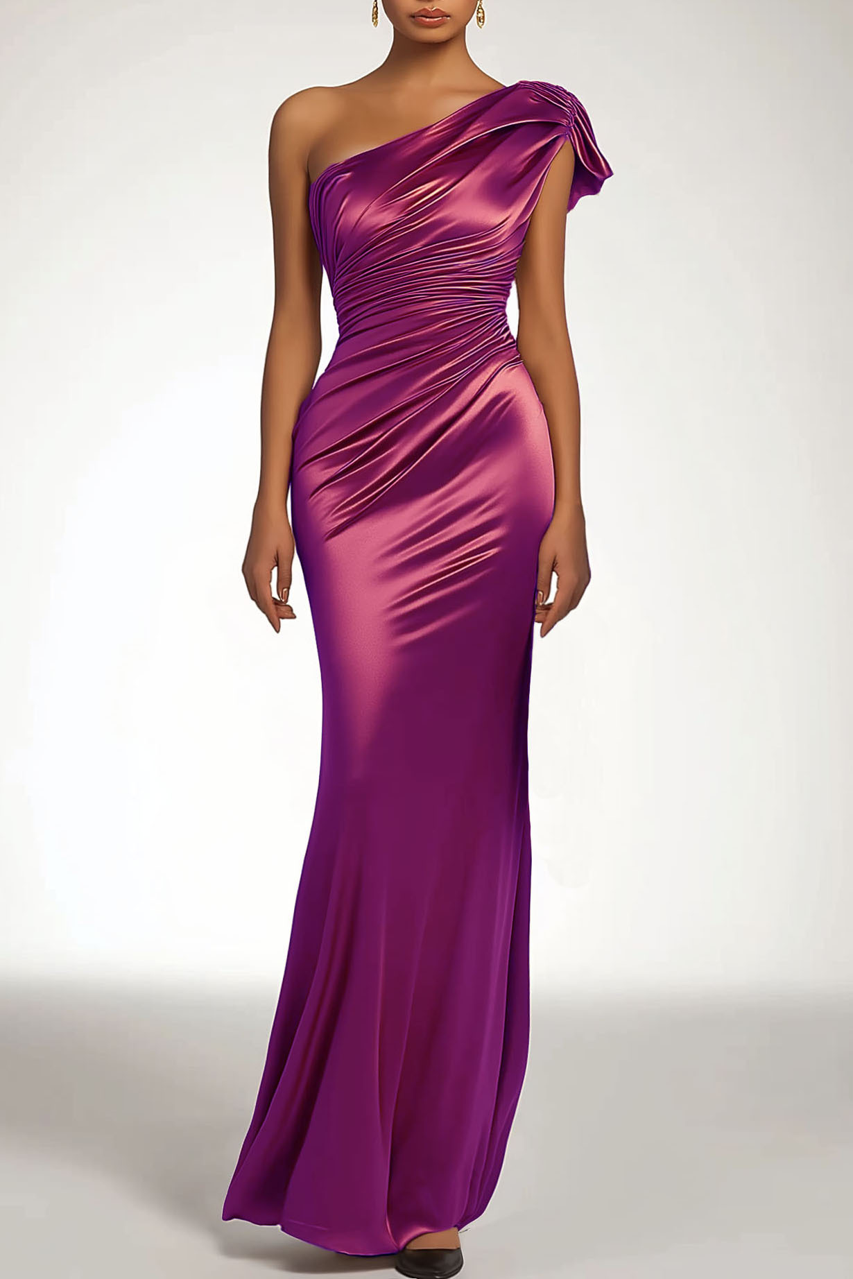 Formal Party Satin Dress Purple One-Shoulder Pleated Maxi Gown