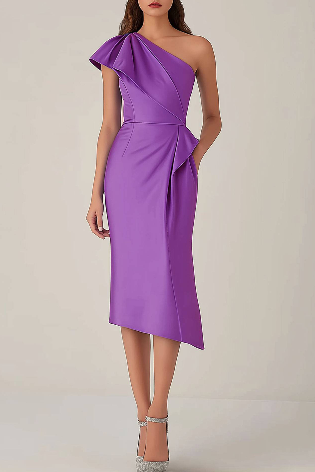Cocktail Party Dress Purple One-Shoulder Pocketed Midi Dress