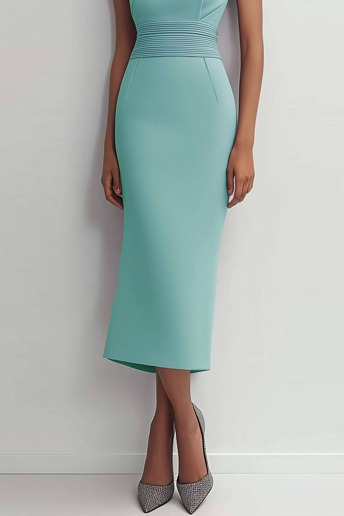 Wedding Guest Semi-Formal Dress Teal Waist Ruched Sleeveless Midi Dress