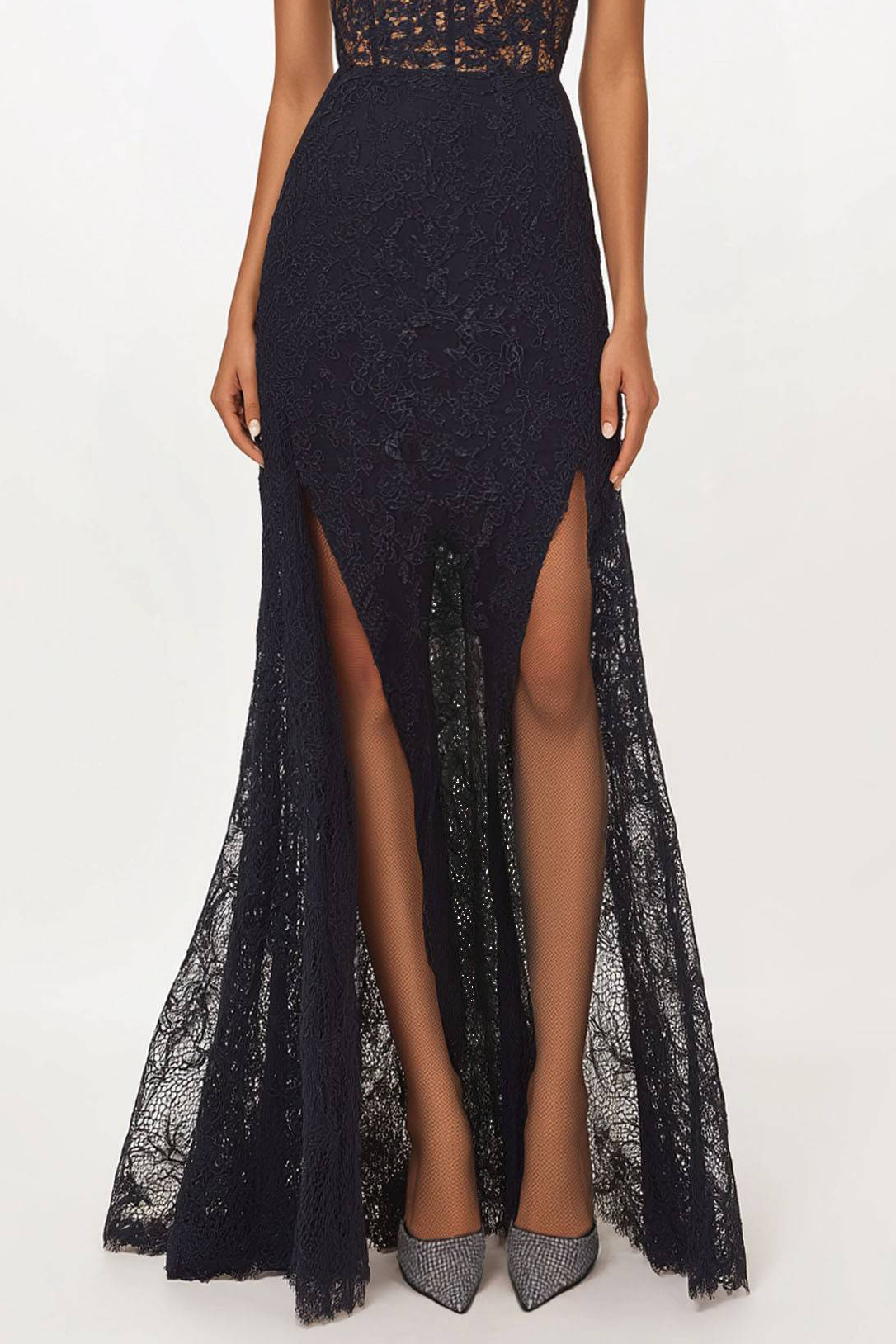 Party Lace Dress Strapless Black Side Slit Floor-Length Dress