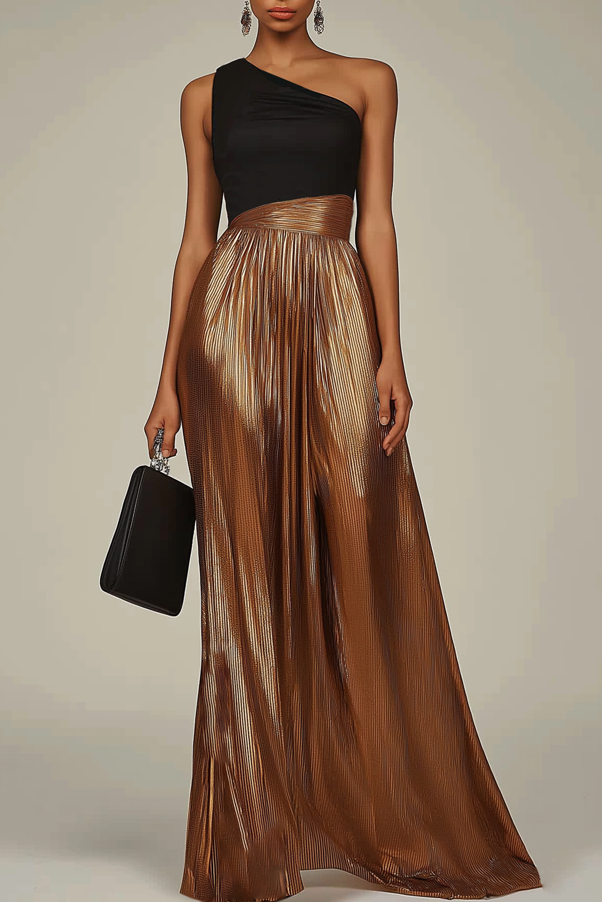 Evening Formal Dress Black-Gold Colorblock One-Shoulder Metallic Maxi 