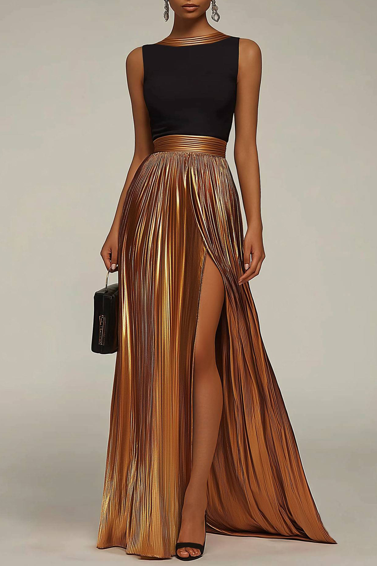 Evening Formal Dress Black-Gold Colorblock Round Neck Pleated Maxi Dre