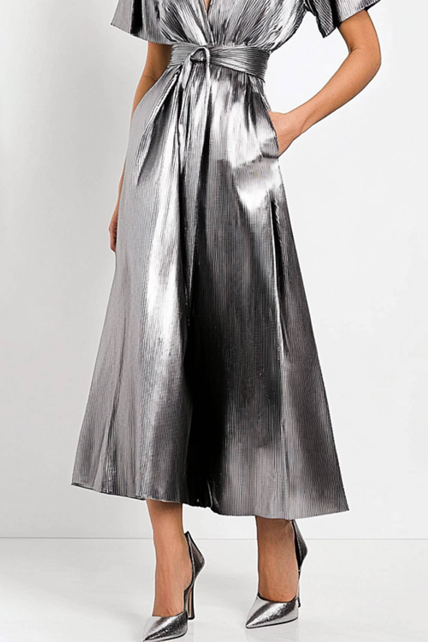 Party Silver Dress Deep V Metallic Glossy Pocketed Midi Dress