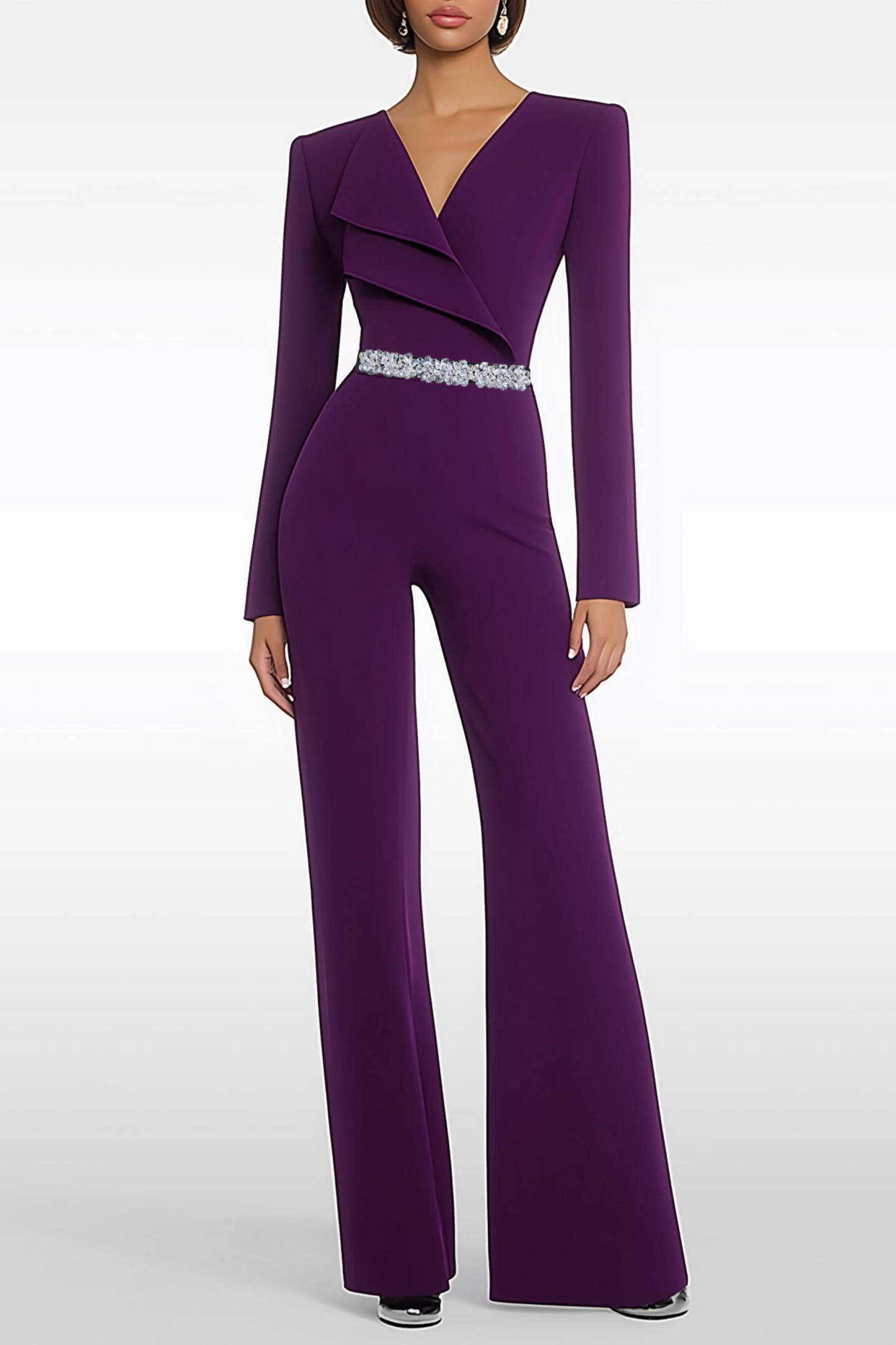 Semi-Formal Party Jumpsuit Purple Long Sleeve V-neck Bell Bottom Pants