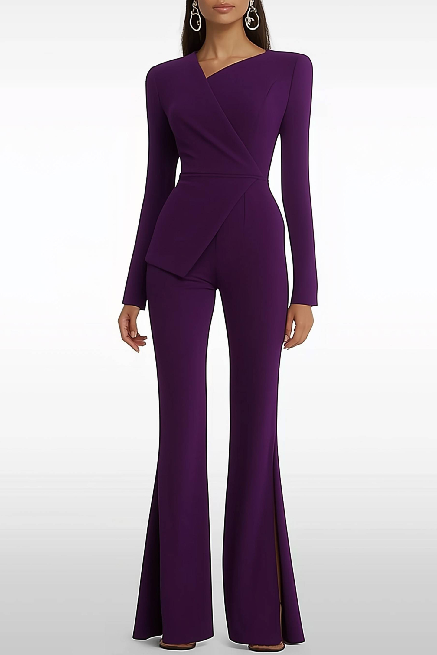 Semi-Formal Jumpsuit Purple Long Sleeve Slit Bell Bottom Pants