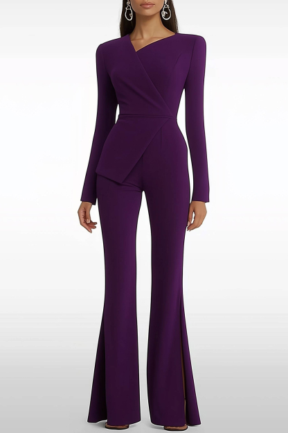 Semi-Formal Jumpsuit Purple Long Sleeve Slit Bell Bottom Pants