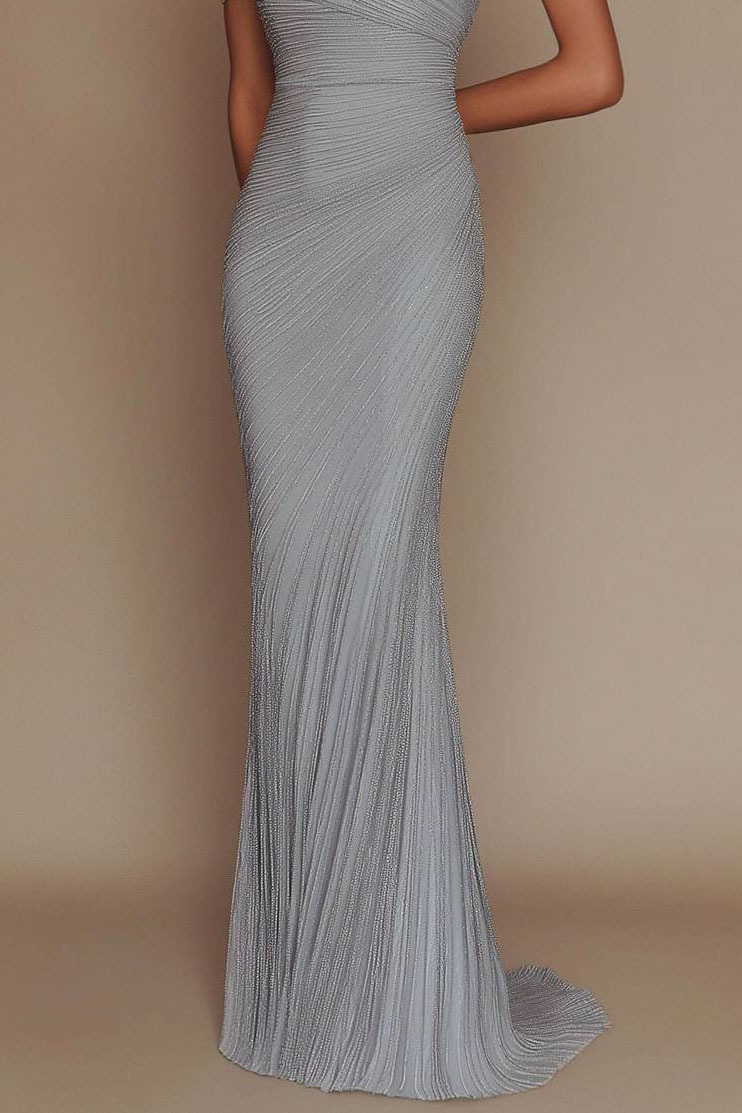 Evening Prom Light Blue Gown One Shoulder Glitter Pleated Maxi Dress