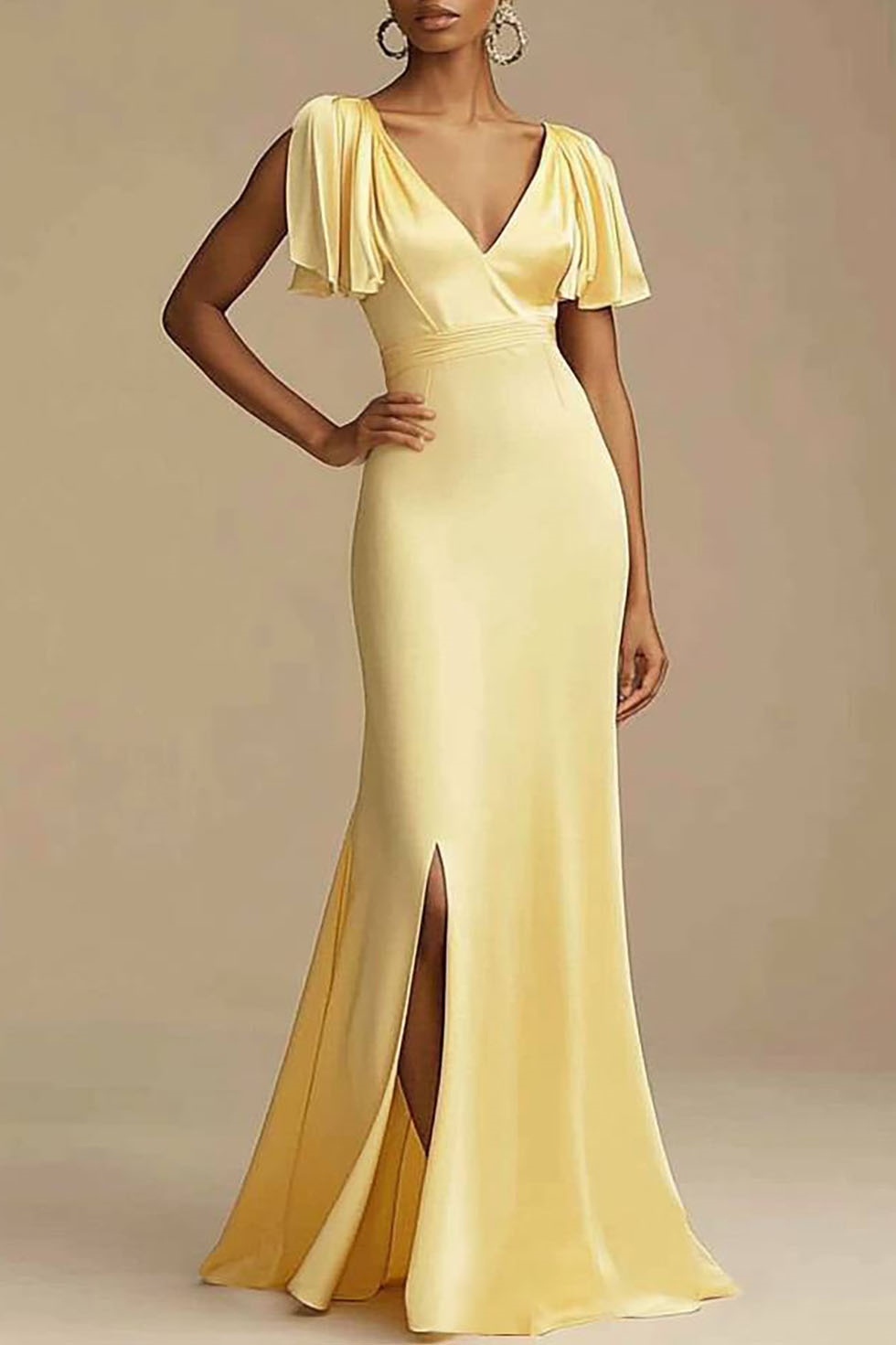 Evening Formal Dress Yellow V-neck Slit Floor-Length Dress