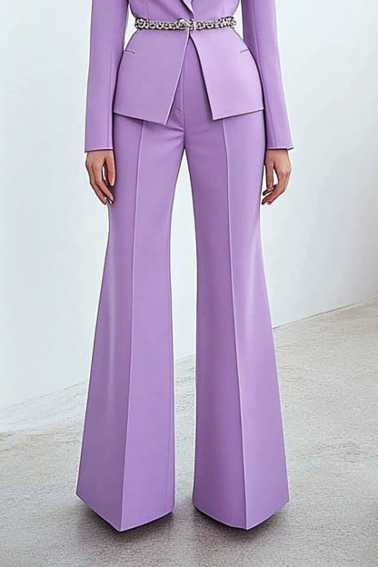 Semi-Formal Party Suit Purple Long Sleeve Belt Wide-Legged Pants Set