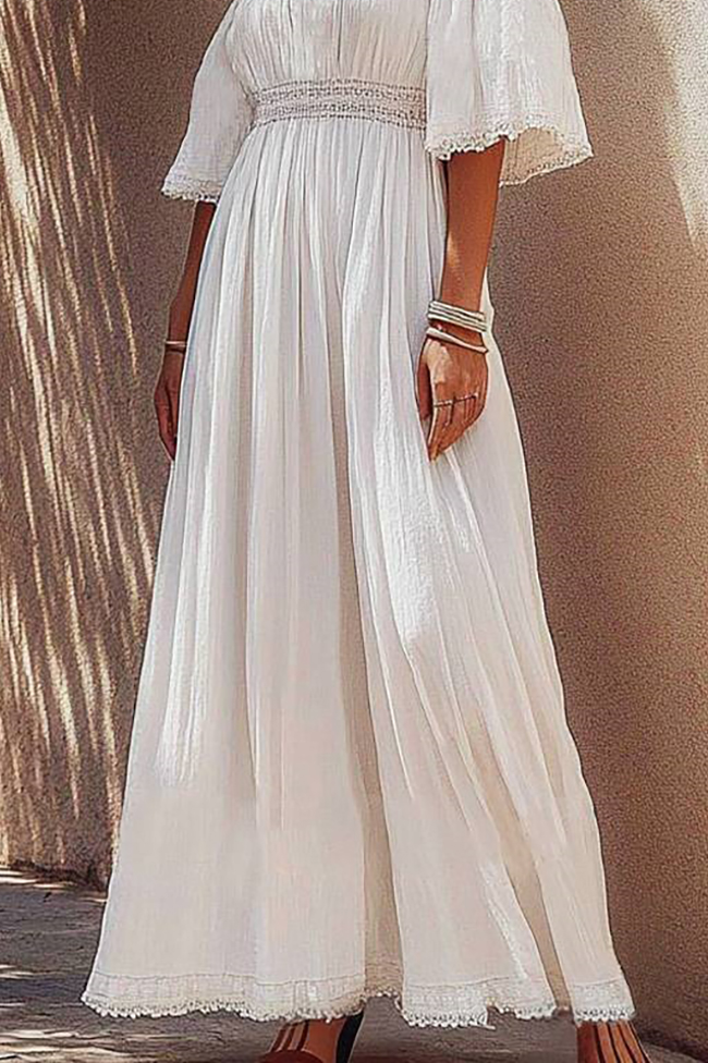 Vacation Casual Linen Dress White Off Shoulder Embroidered Maxi Dress
