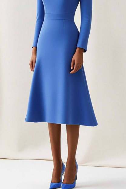 Semi-Formal Work Dress Blue Round Neck Long Sleeve Midi Dress
