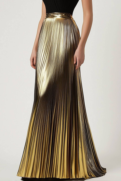 Evening Formal Dress Black-Gold V-neck Metallic Pleated Floor-Length Dress