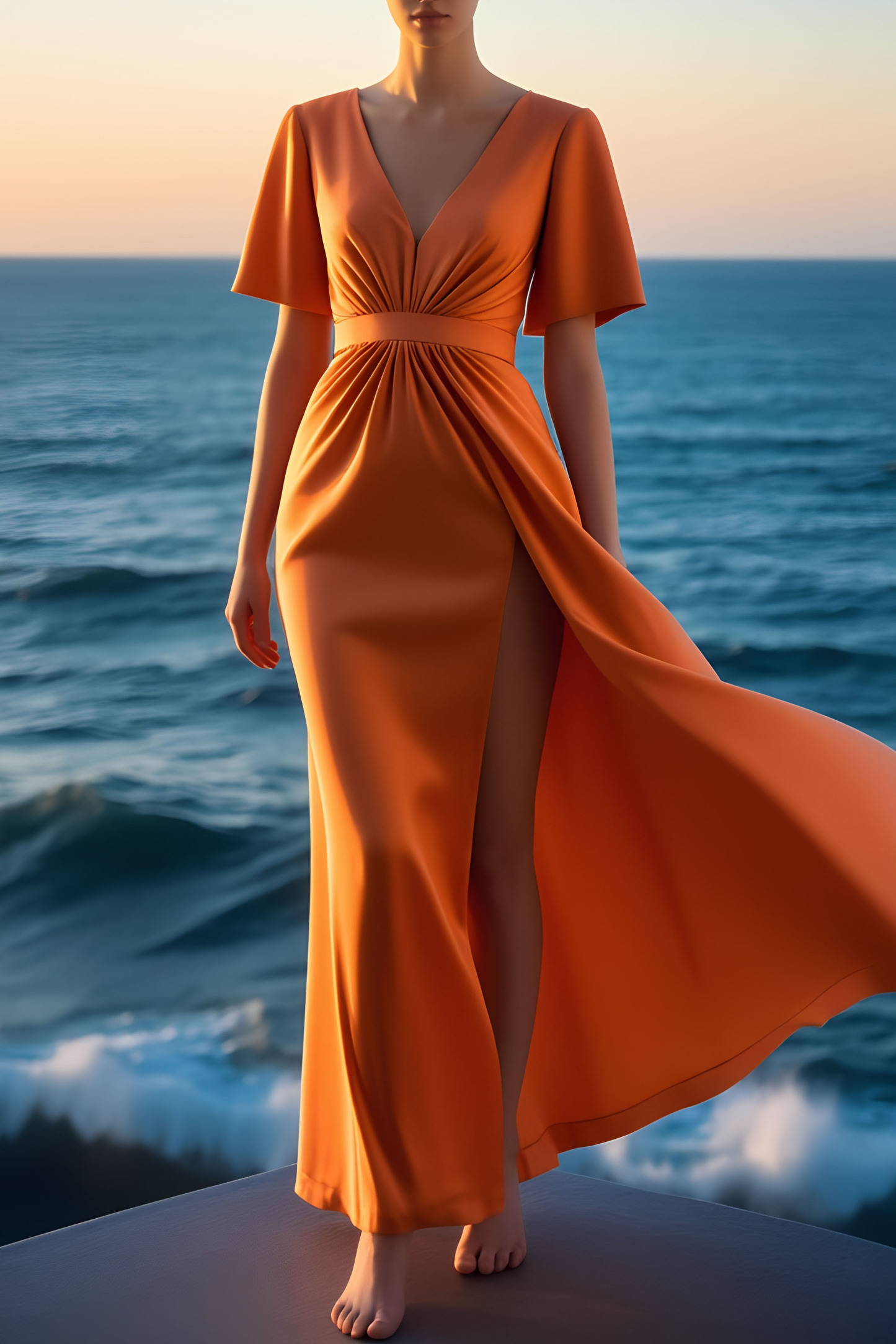 Evening Formal Dress Orange V-neck High Slit Maxi Dress