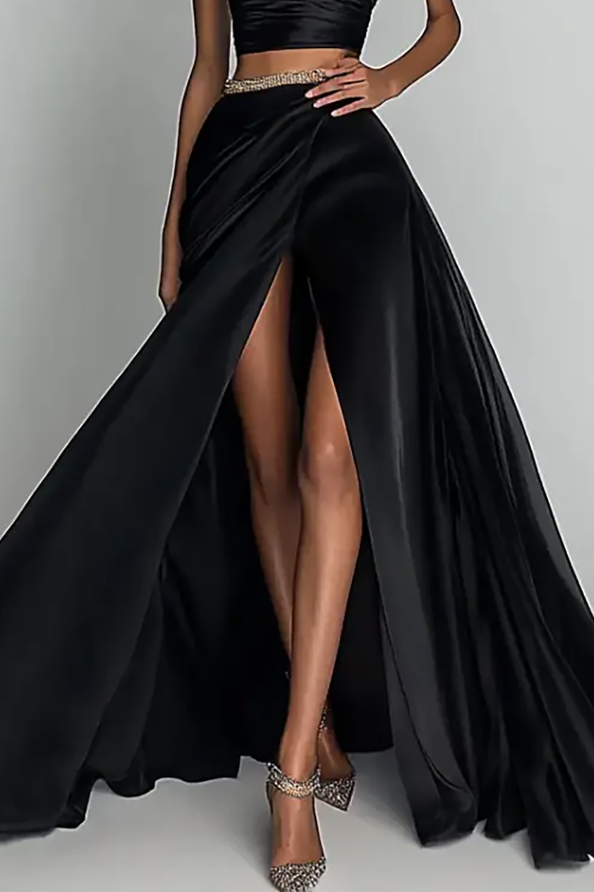Party Set Black Strapless High Slit Floor-Length Skirt Two-Piece Set