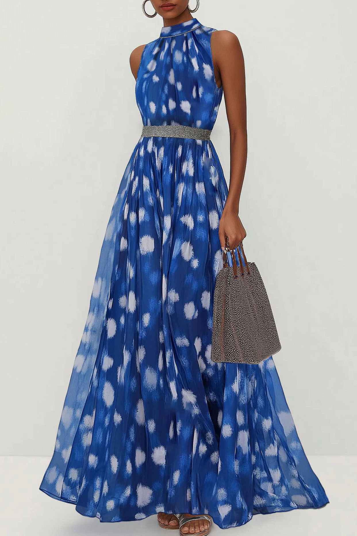 Party Semi-Formal Dress Blue Sleeveless Chiffon Silver Belt Maxi Dress