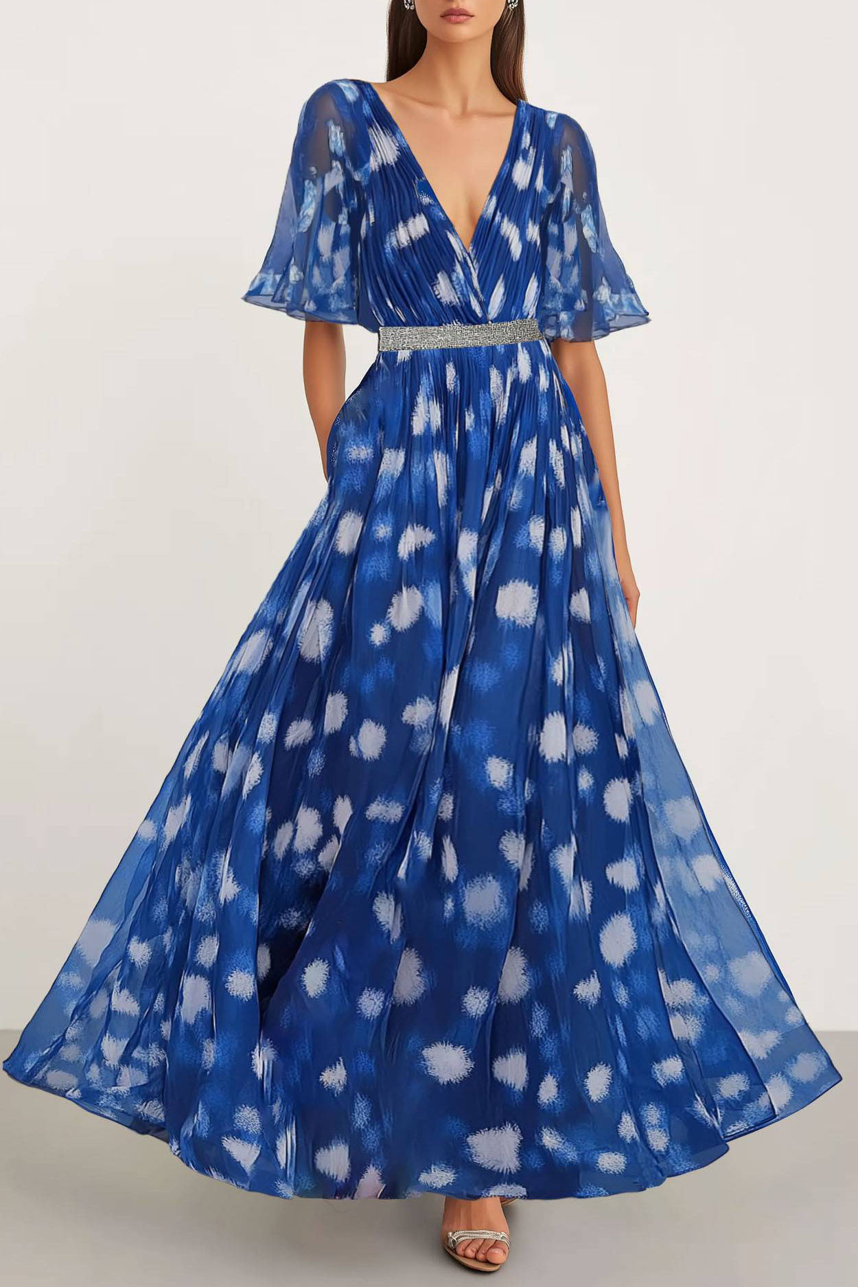 Party Semi-Formal Dress Blue Deep V-neck Chiffon Silver Belt Maxi Dres