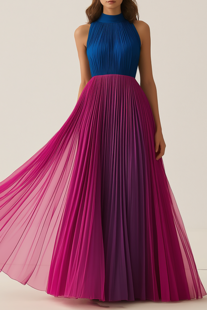 Formal Chiffon Dress Fuchsia Blue Sleeveless Pleated Floor-Length Gown