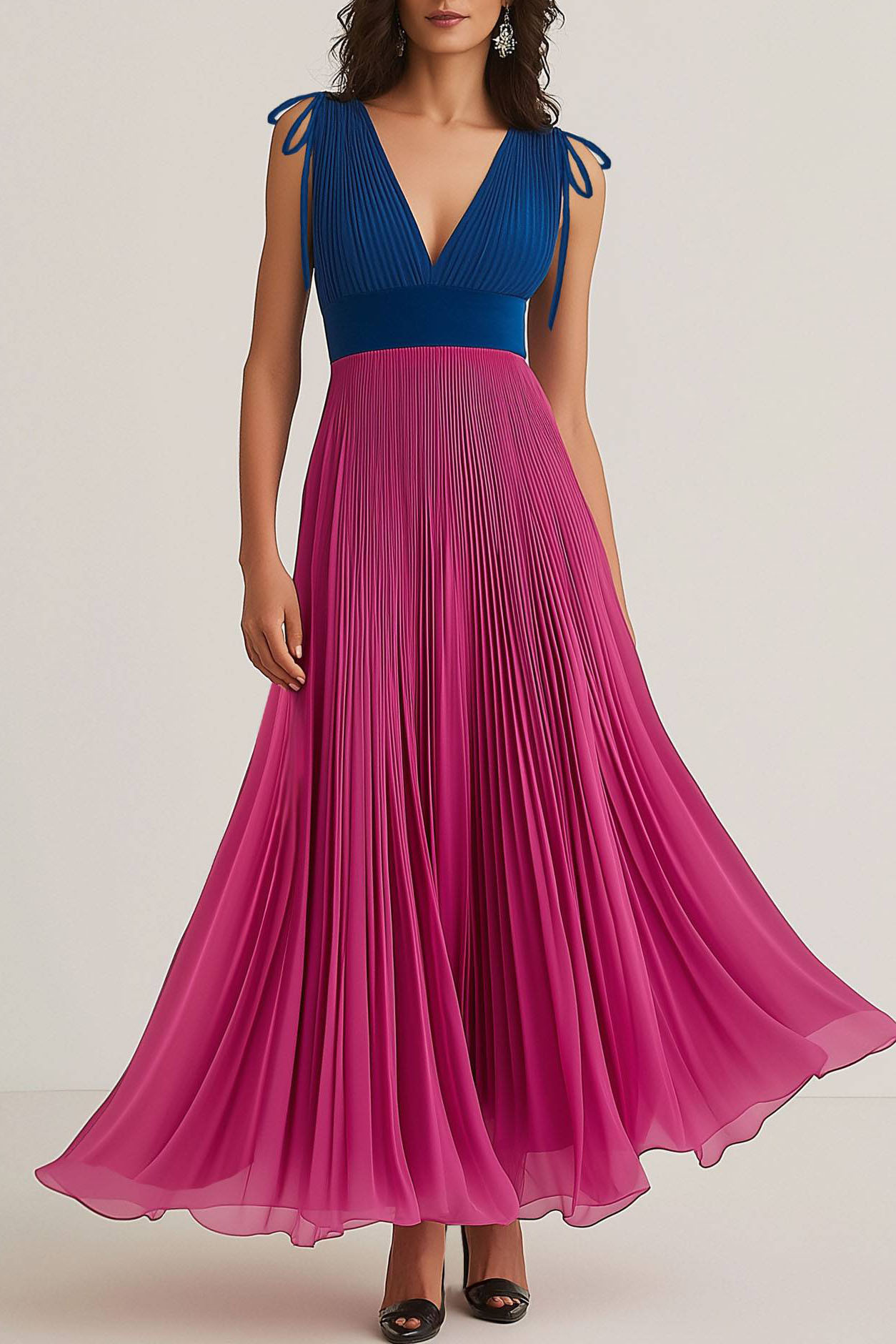 Party Chiffon Dress Pleated Fuchsia Blue V-neck Sleeveless Maxi Dress