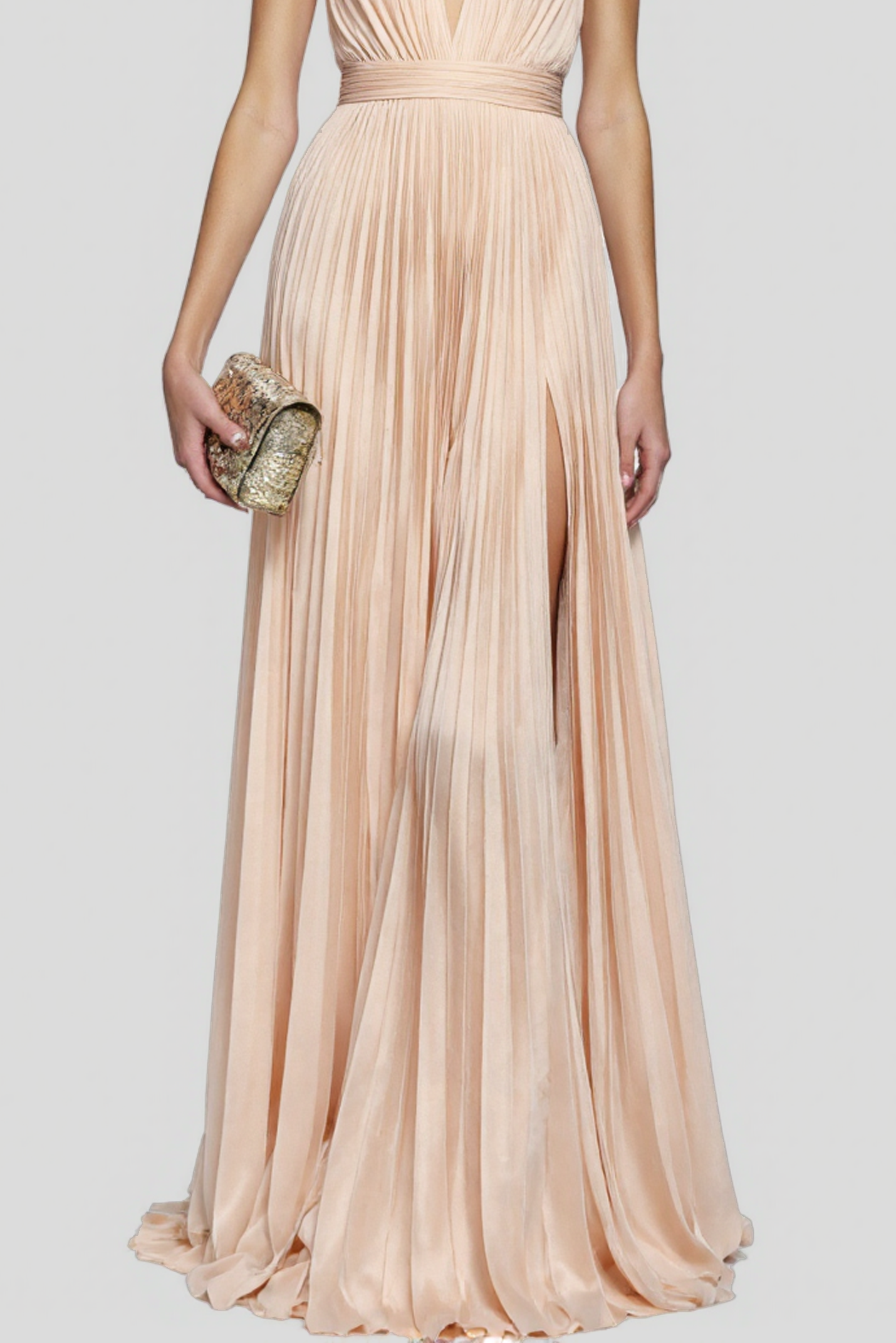 Formal Evening Satin Dress Light Pink Deep V Pleated Floor-Length Gown