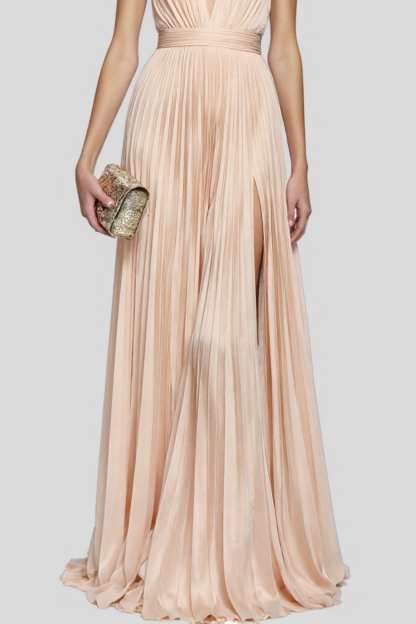 Formal Evening Satin Dress Light Pink Deep V Pleated Floor-Length Gown