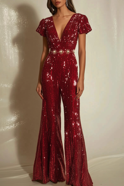 Party Sequin Jumpsuit Red V-neck Short Sleeve Bell Bottom Pants