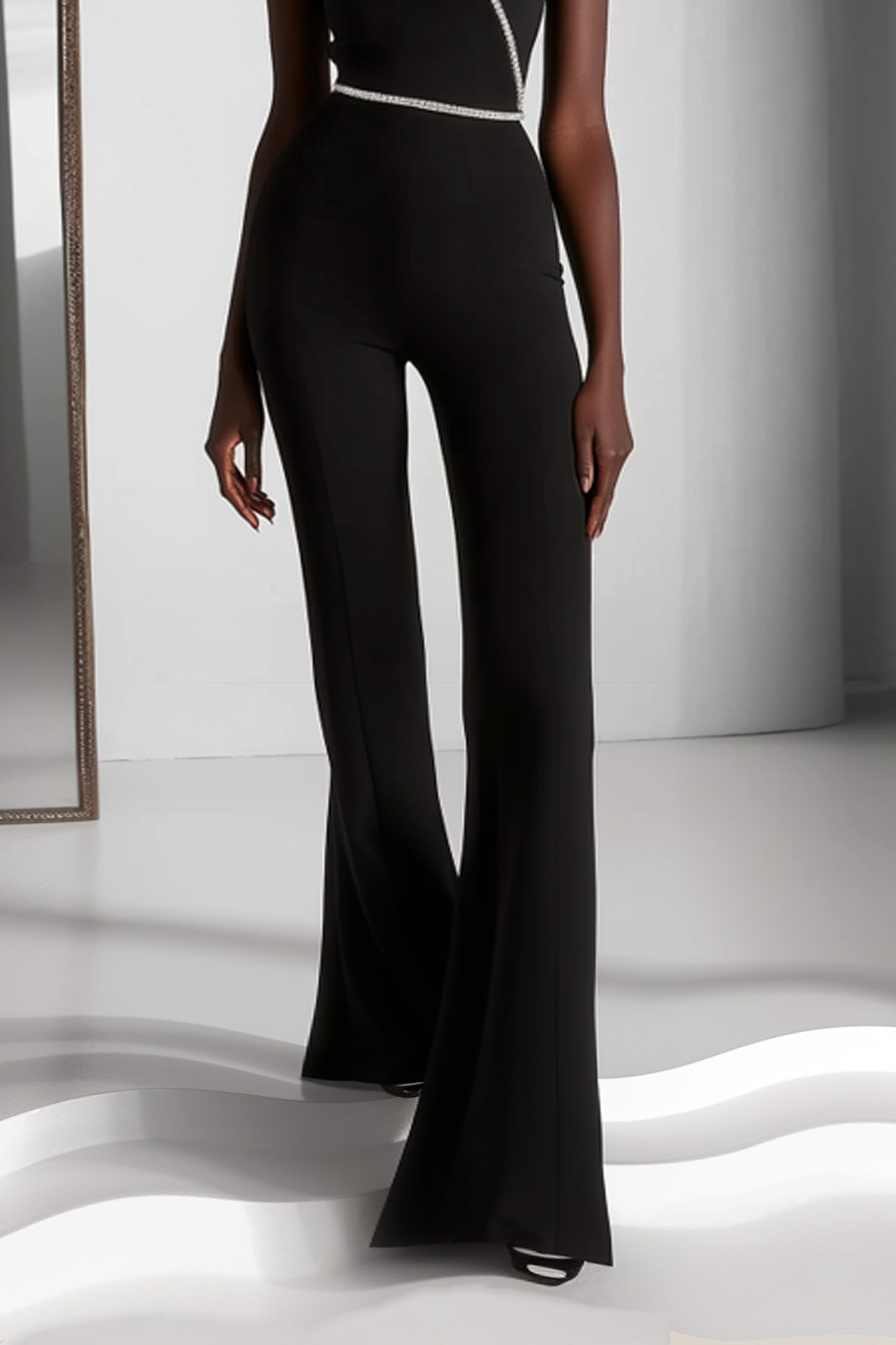 Semi-Formal Party Jumpsuit Black One-Shoulder Bell Bottom Pants