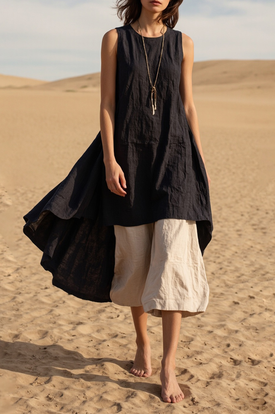 Vacation Casual Linen Set Black Sleeveless Top and Brown Cropped Pants