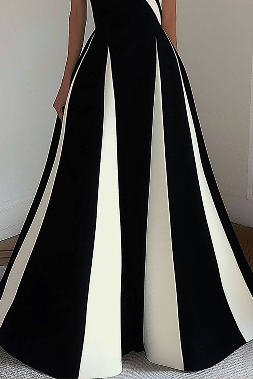 Elegant Black and White Dress Off-Shoulder Cross Neck Maxi Dress