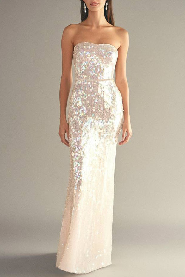 Formal Sequin Strapless Dress Light Pink Form-Fitting Floor-Length Gow