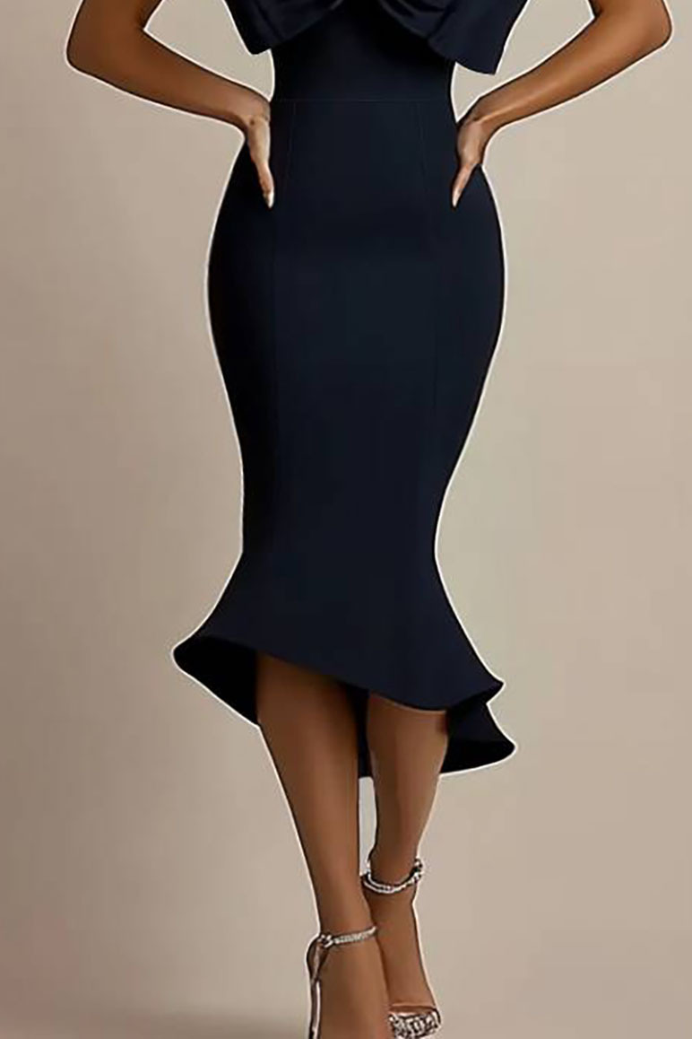 Cocktail Party Dress Black Strapless Bow Detail Fitted Mermaid Midi Dress