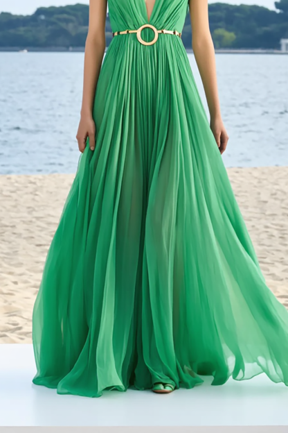 Evening Formal Dress Green Chiffon Deep V Sleeveless Floor-Length Gown