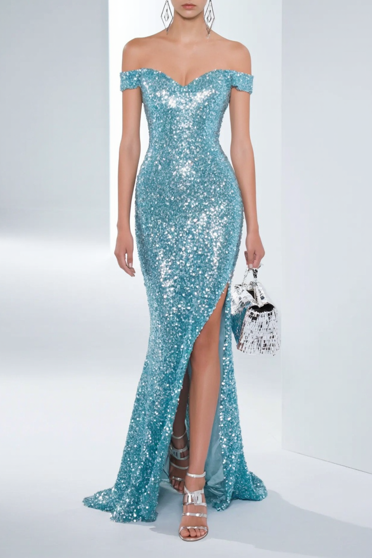 Evening Formal Sequin Dress Blue One-Shoulder High Slit Floor-Length Gown