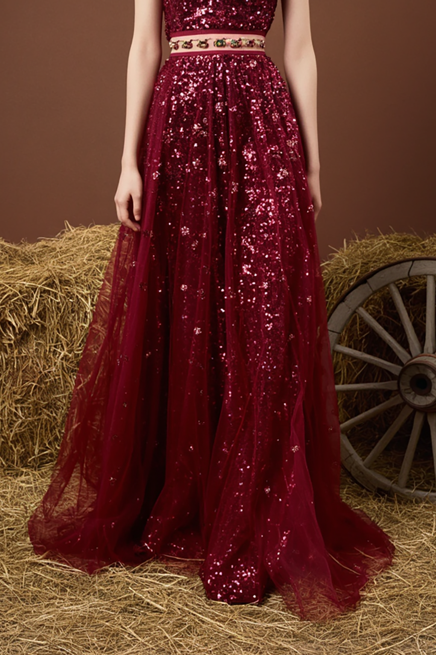 Evening Sequin Dress Red Spaghetti Straps Mesh Floor-Length Gown
