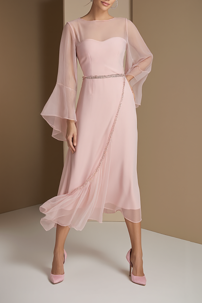Semi-Formal Party Chiffon Dress Pink Round Neck Midi Dress