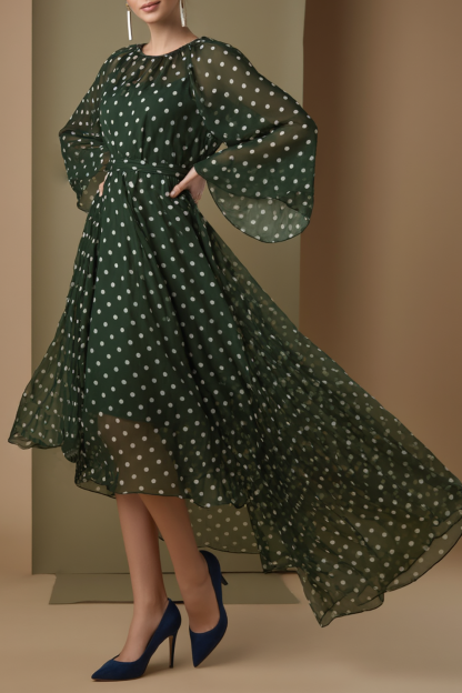 Daily Party Chiffon Dress Green White Polka Dot Maxi Dress