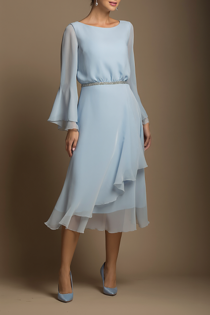 Daily Party Chiffon Dress Light Blue Round Neck Long Sleeve Ruffle Midi Dress