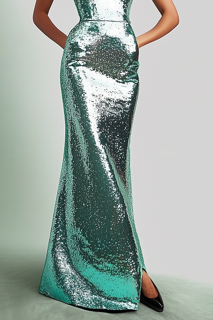 Evening Sequin Dress Green V-Neck Sleeveless Floor-Length Gown