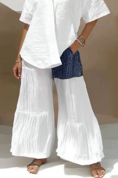 Casual Daily Linen Set White V-Neck Loose Top Colorblock Wide-Leg Pants Set