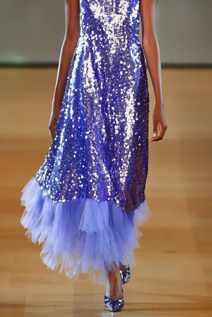 Party Sequin Dress Blue Sleeveless Mesh Panel Multi-Layer Maxi Dress