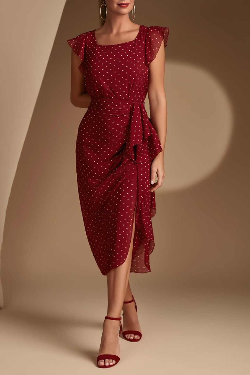 Daily Chiffon Dress Red Square Neck White Polka Dot Side Slit Midi Dress
