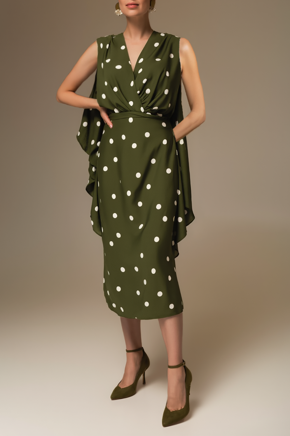 Daily Polka Dot Dress Green Sleeveless Cross Neck Pocketed Midi Dress