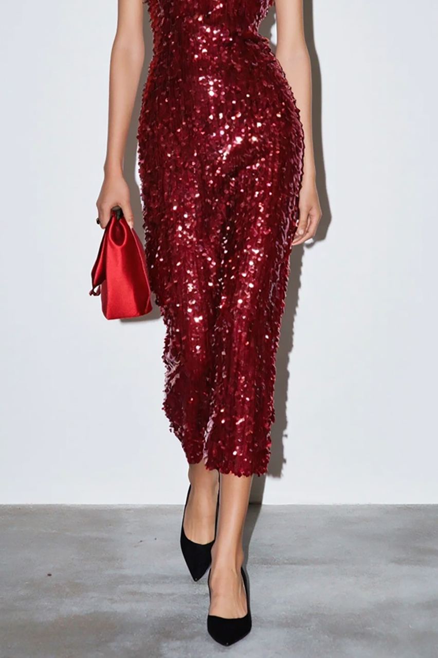 Party Sequin Dress Red Round Neck Sleeveless Midi Dress