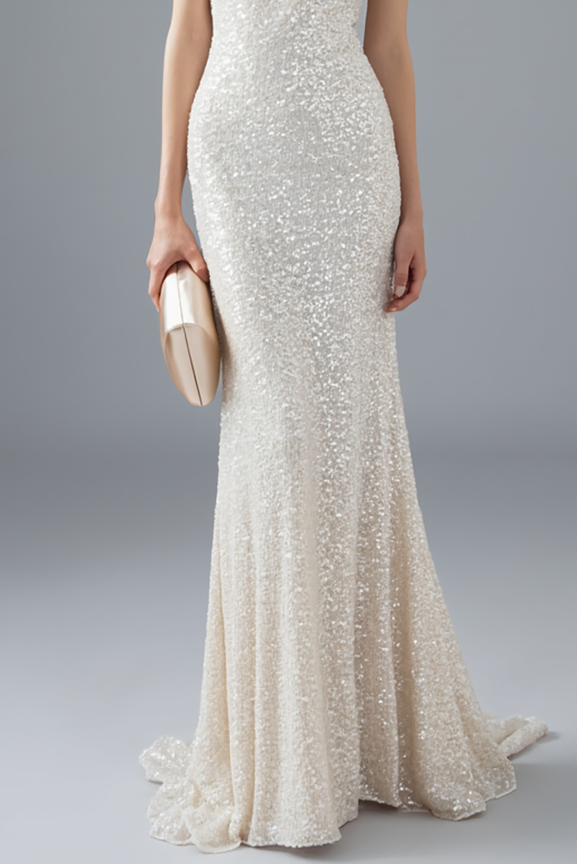 Holiday Evening Spaghetti Strap Sequin Dress White Mermaid Floor-Length Gown