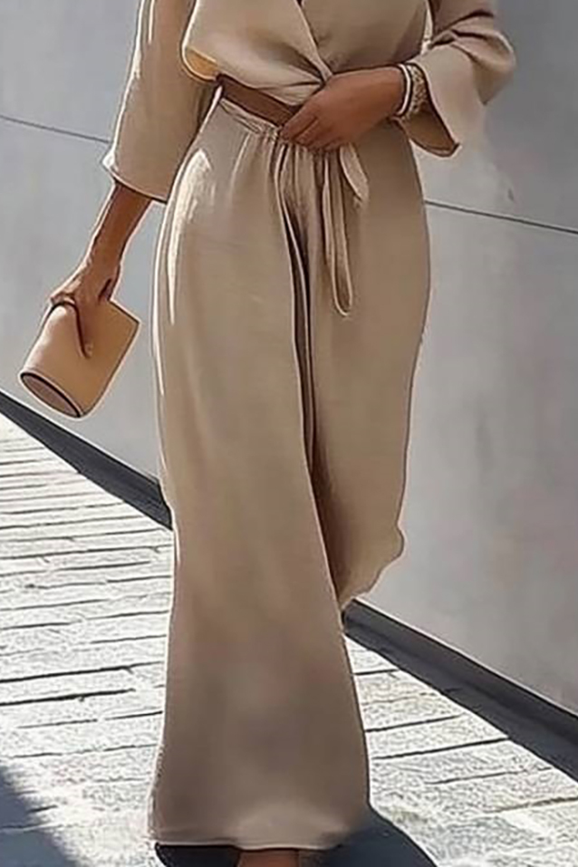 Daily Casual Linen Set Beige Cross Neck Tie Short Top Wide-Leg Pants Set