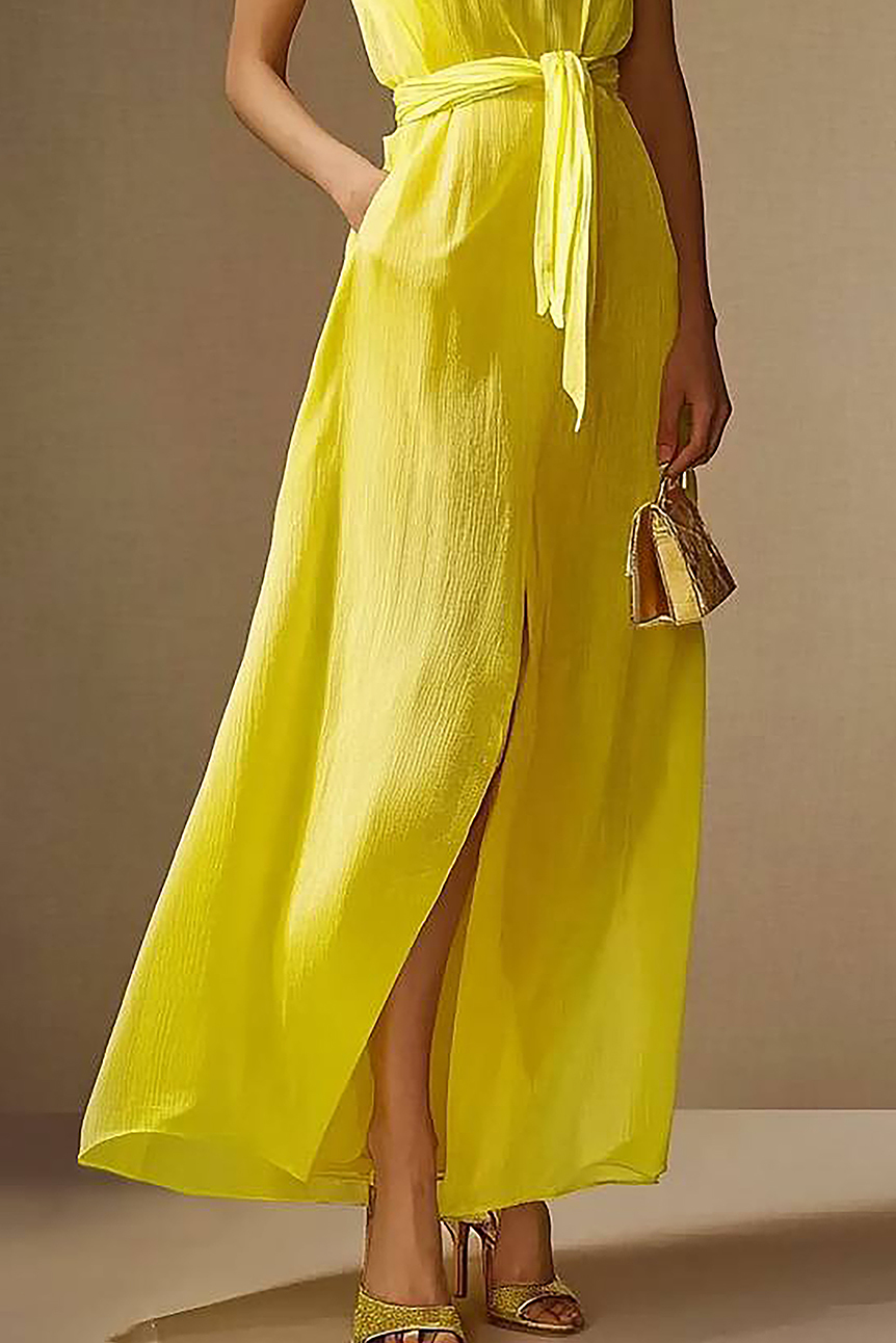Daily Casual Dress Yellow Sleeveless Round Neck Slit with Pockets Maxi Dress